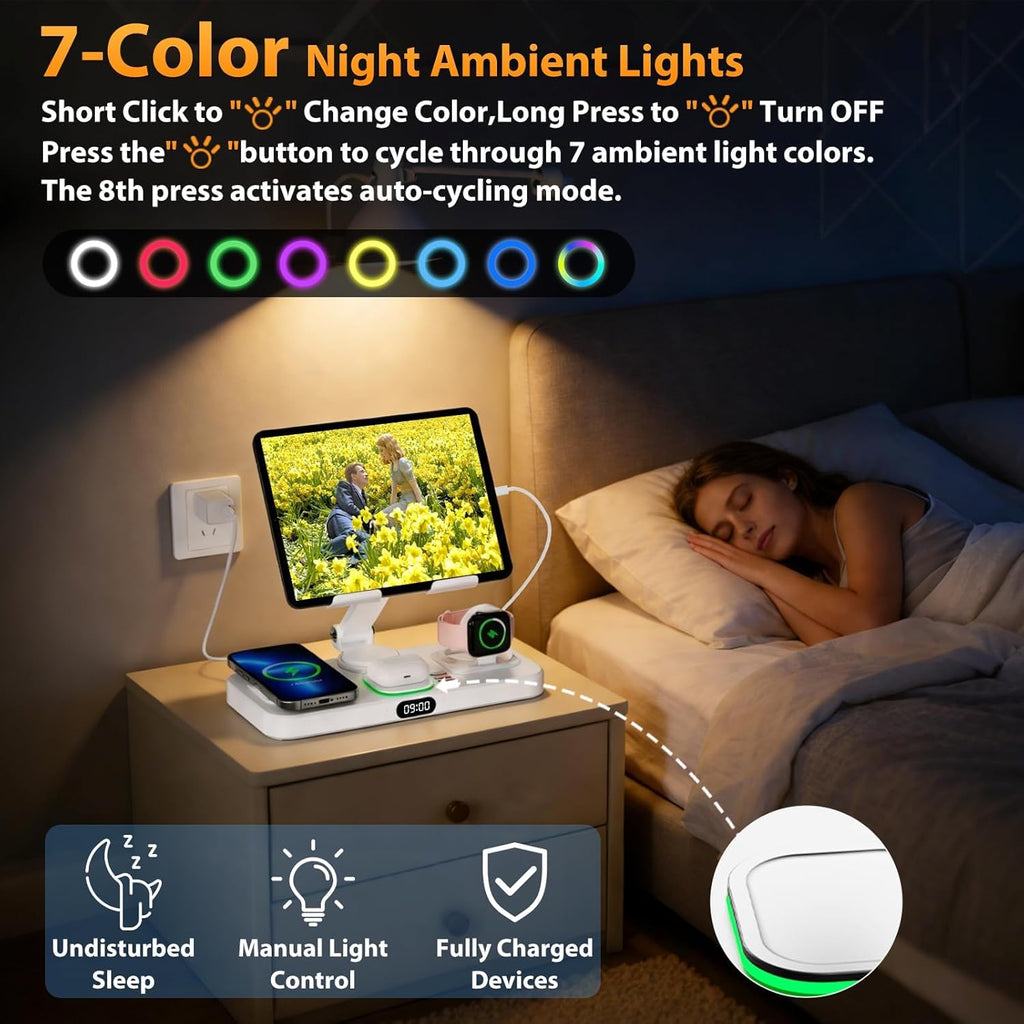 30W Charging Station for Apple Products, Foldable Wireless Charger with Clock Display&7 Color Light
