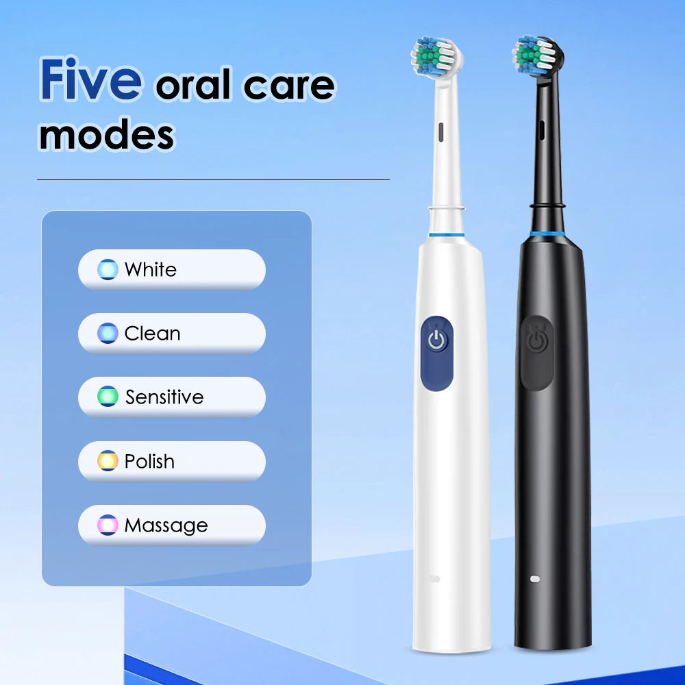 Smart Rotary Electric Toothbrush 5 Mode Oral Teeth Whitening Cleaning Timer Electric Teethbrush with 4 Teethbrush Heads