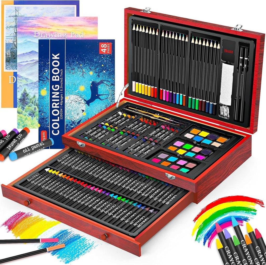 150-Pack Deluxe Wooden Art Set Crafts Drawing Painting Kit with 2 -Sketch Pads