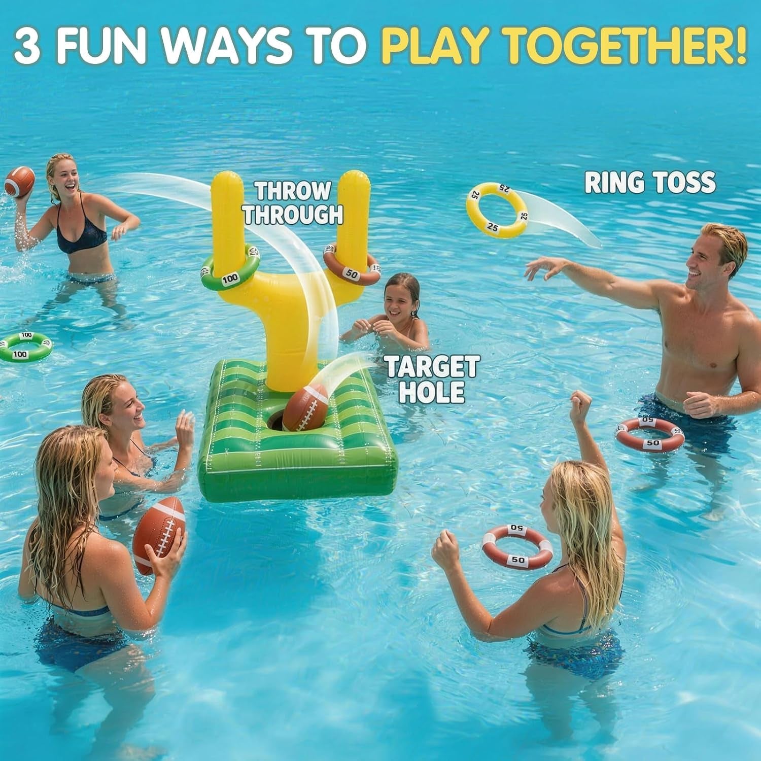 Inflatable Football Pool Ring Toss Game - 3-In-1 Floating Football Target for Swimming Pool