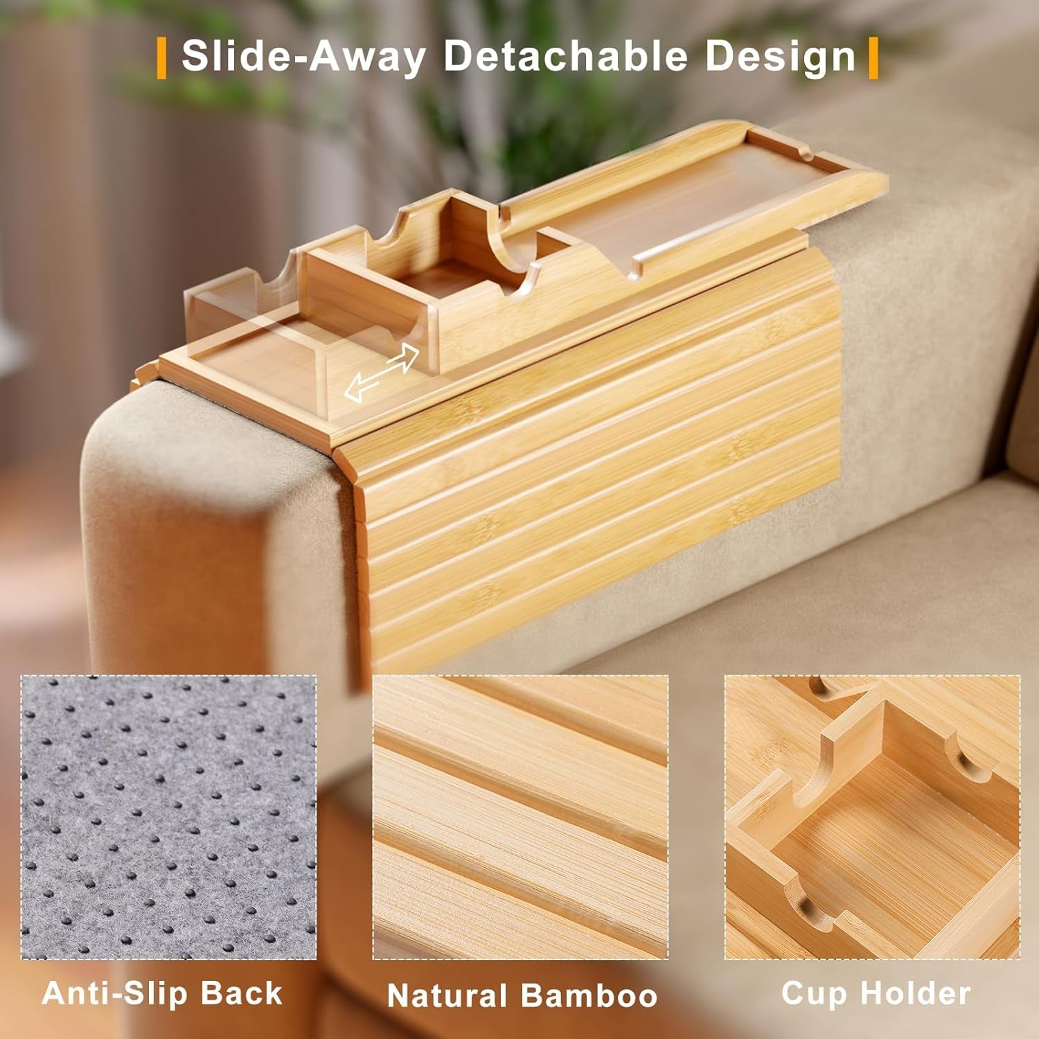 Bamboo Sofa Armrest Tray - Couch Arm Tray with Detachable Couch Cup Holder - 2 in 1 