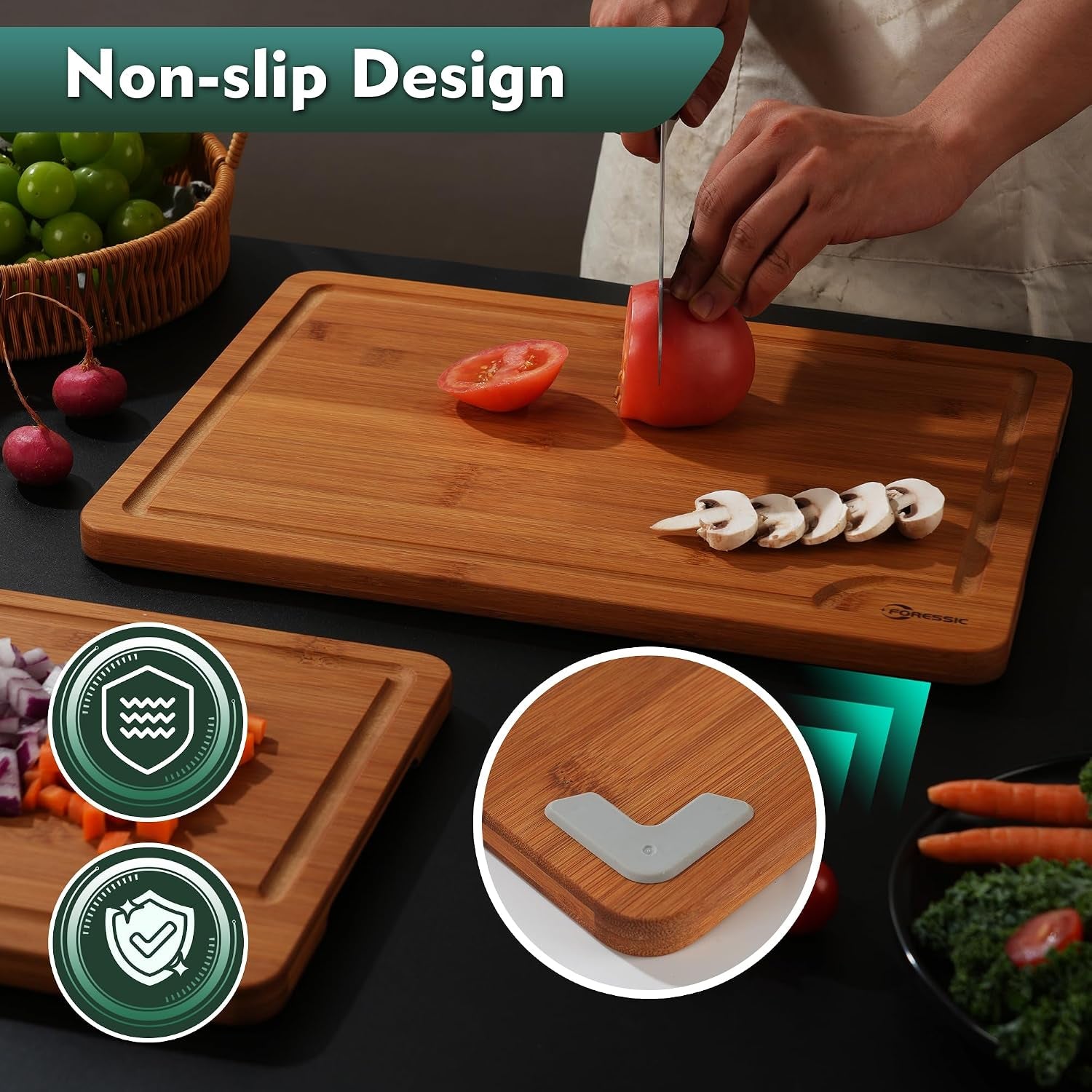 Bamboo Cutting Board, Non Slip Wood Cutting Boards for Kitchen 3 Packs Holder 