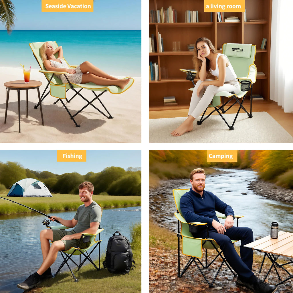 YOUNG WOOD 2-In-1 Reclining Camping Chair with Footrest, Foldable Outdoor Lounge Chair with Cup Holder & Headrest, Portable
