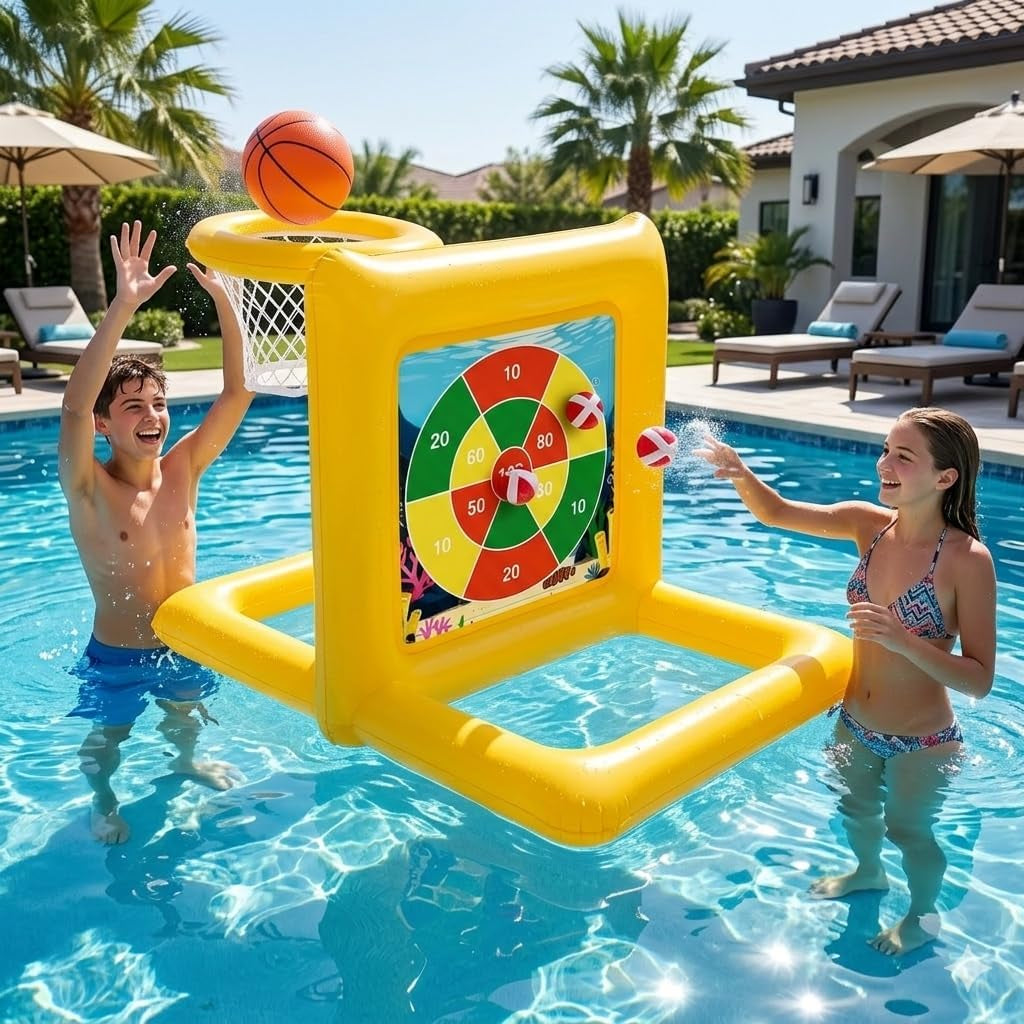 Premium Pool Toys for Kids & Adults, 2-In-1 Pool Basketball and Dart Board Game Set
