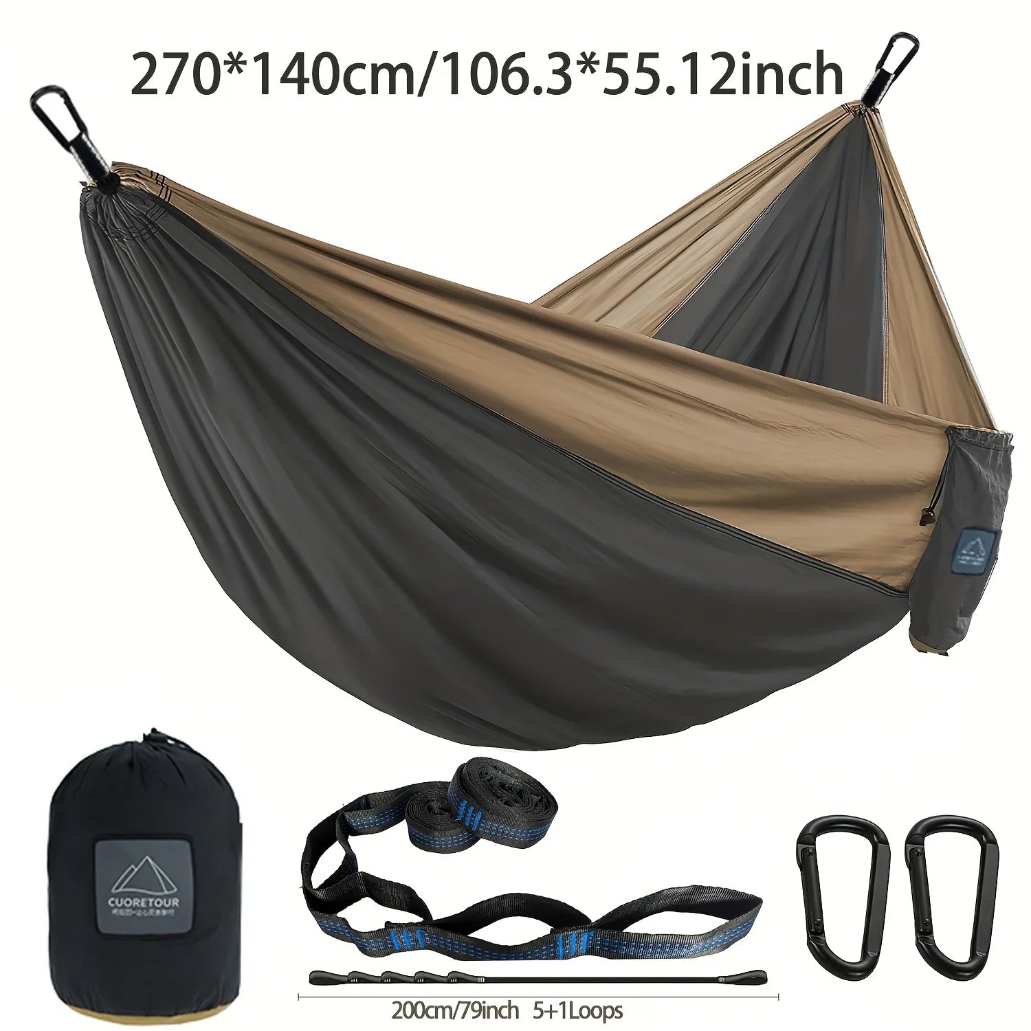 Portable Camping Hammock 2 Person Parachute Nylon Swing Bed with Tree Straps Carabiners Lightweight Anti-Rollover Hammock for Ou