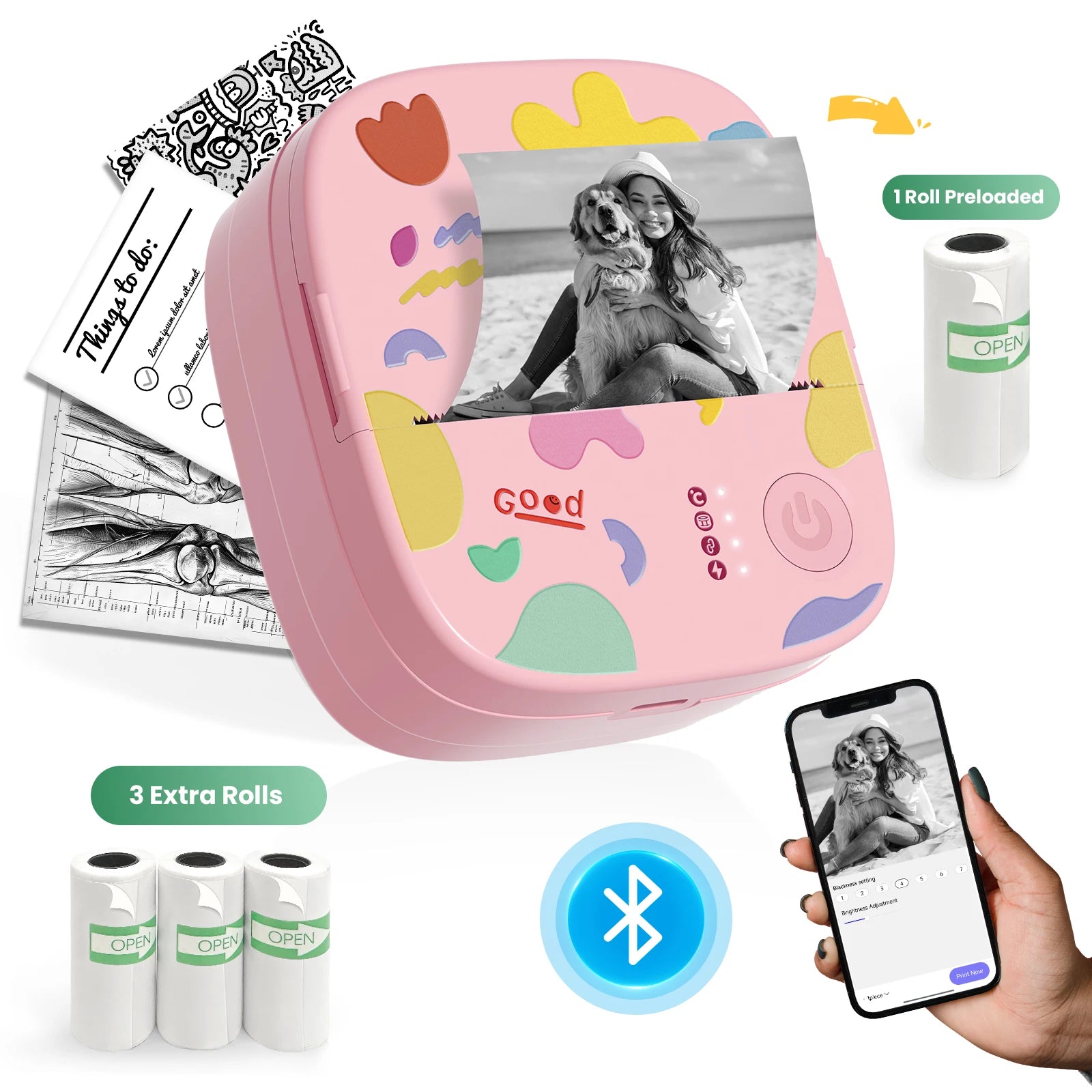 YISORA Mini Portable Sticker Printer , Mini Thermal Printer with 4 Rolls Paper, Bluetooth Inkless Printpods, Pocket Label Maker