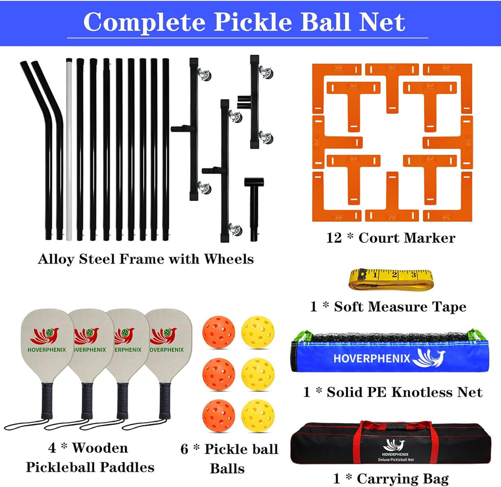 Portable Pickleball Net Set, 22FT Pickle Ball Net with Paddle Set of 4 