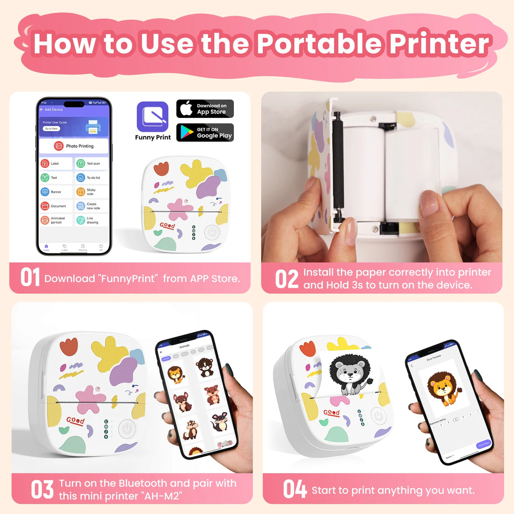 YISORA Mini Portable Sticker Printer , Mini Thermal Printer with 4 Rolls Paper, Bluetooth Inkless Printpods, Pocket Label Maker