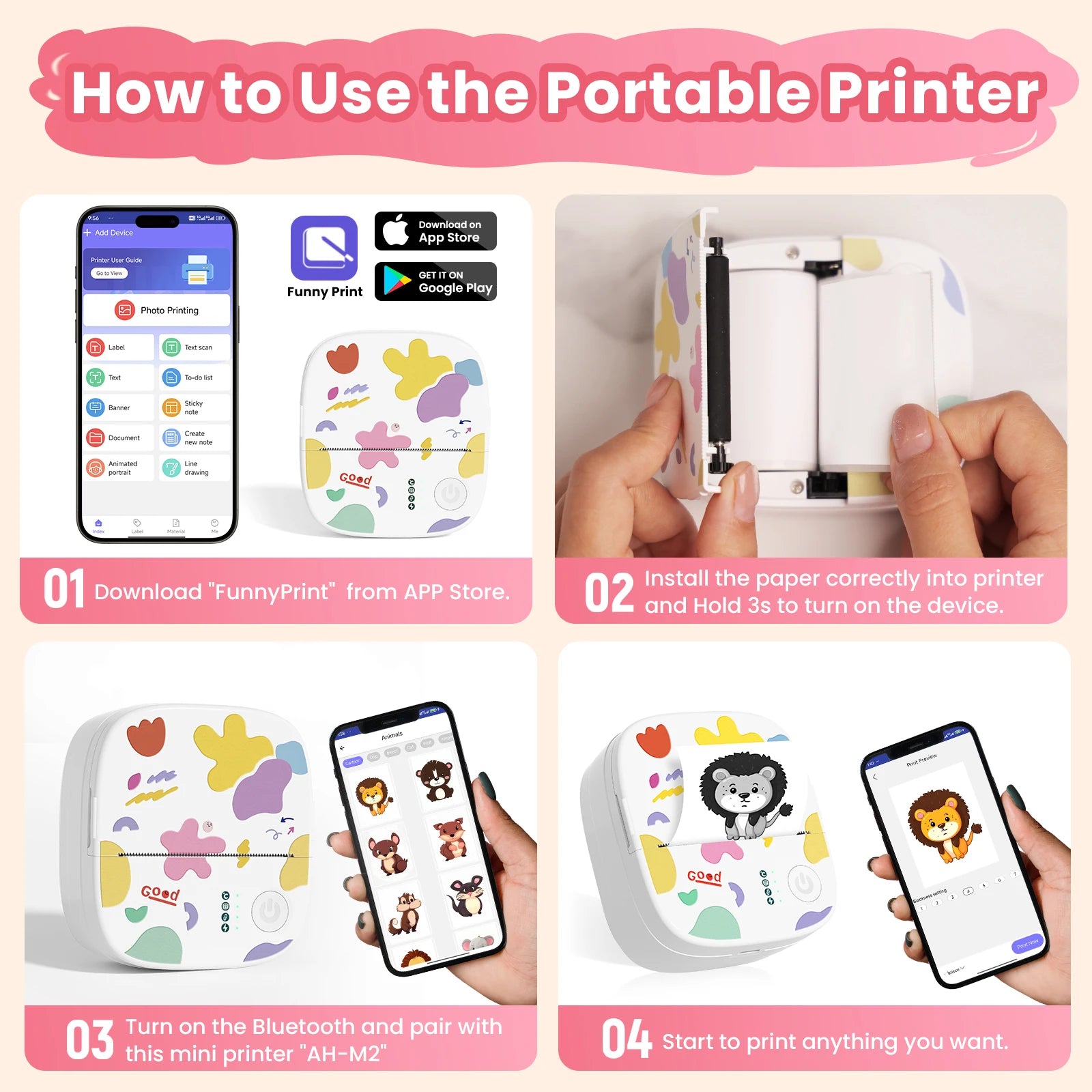 YISORA Mini Portable Sticker Printer , Mini Thermal Printer with 4 Rolls Paper, Bluetooth Inkless Printpods, Pocket Label Maker