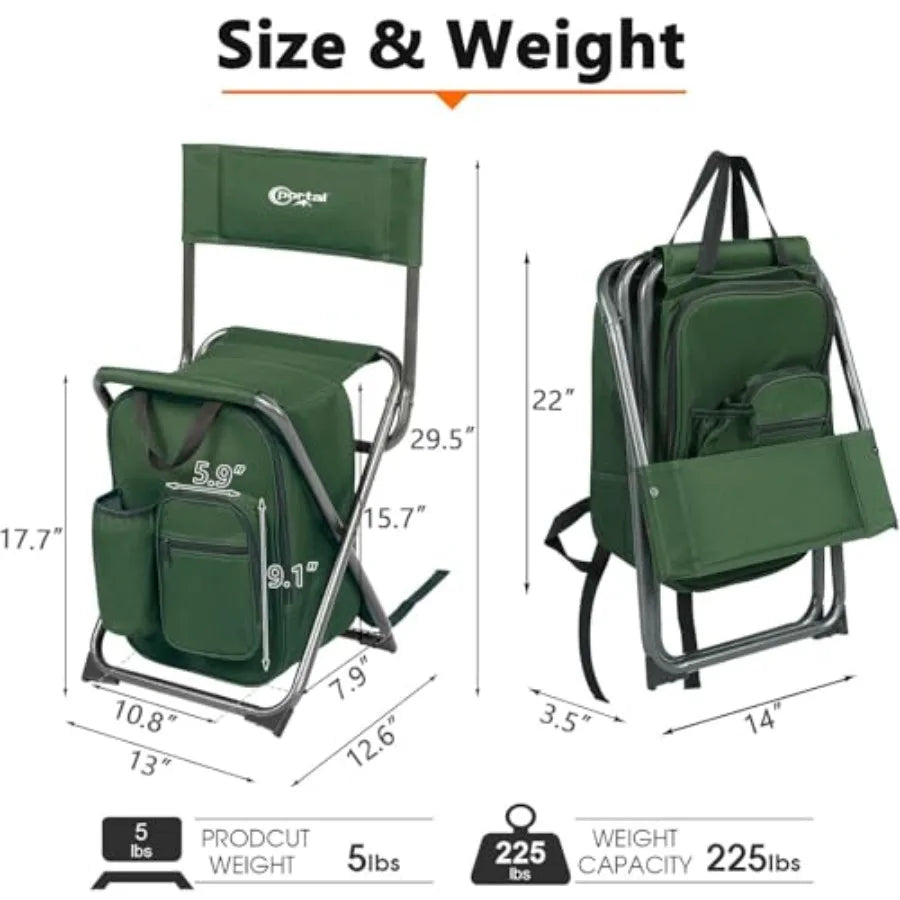 Backpack Cooler Chair Fishing Chairs with Backrest Folding Camping Stool Compact for Outdoors Hiking Hunting Travel Supports 22