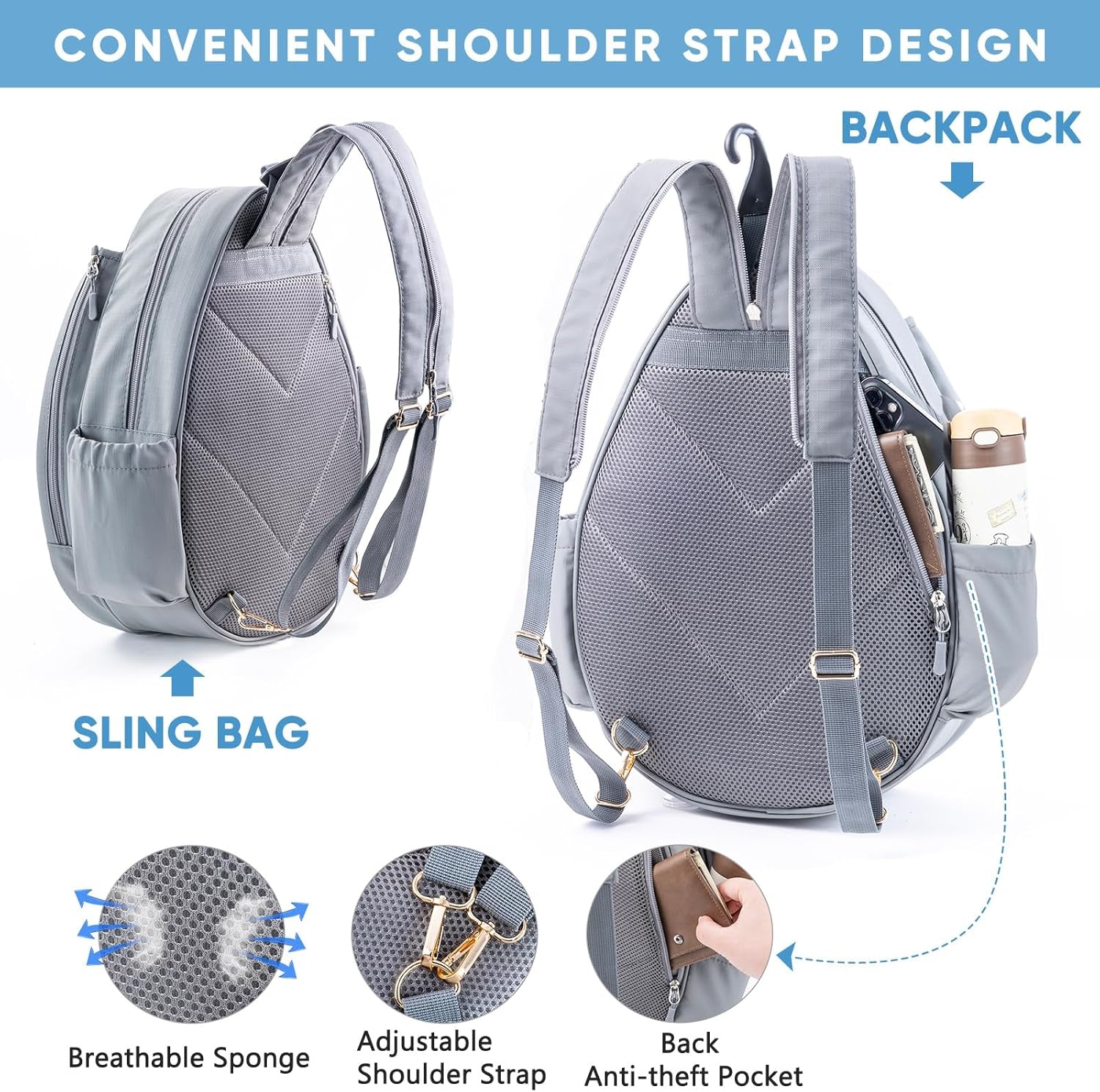 Tennis Backpack with 2 Rackets Holder, Water-Resistant PU Leather Tennis Racket Bag for Women & Men, Sling Crossbody Sports Backpack for Tennis, Pickleball & Badminton, Tennis Gifts