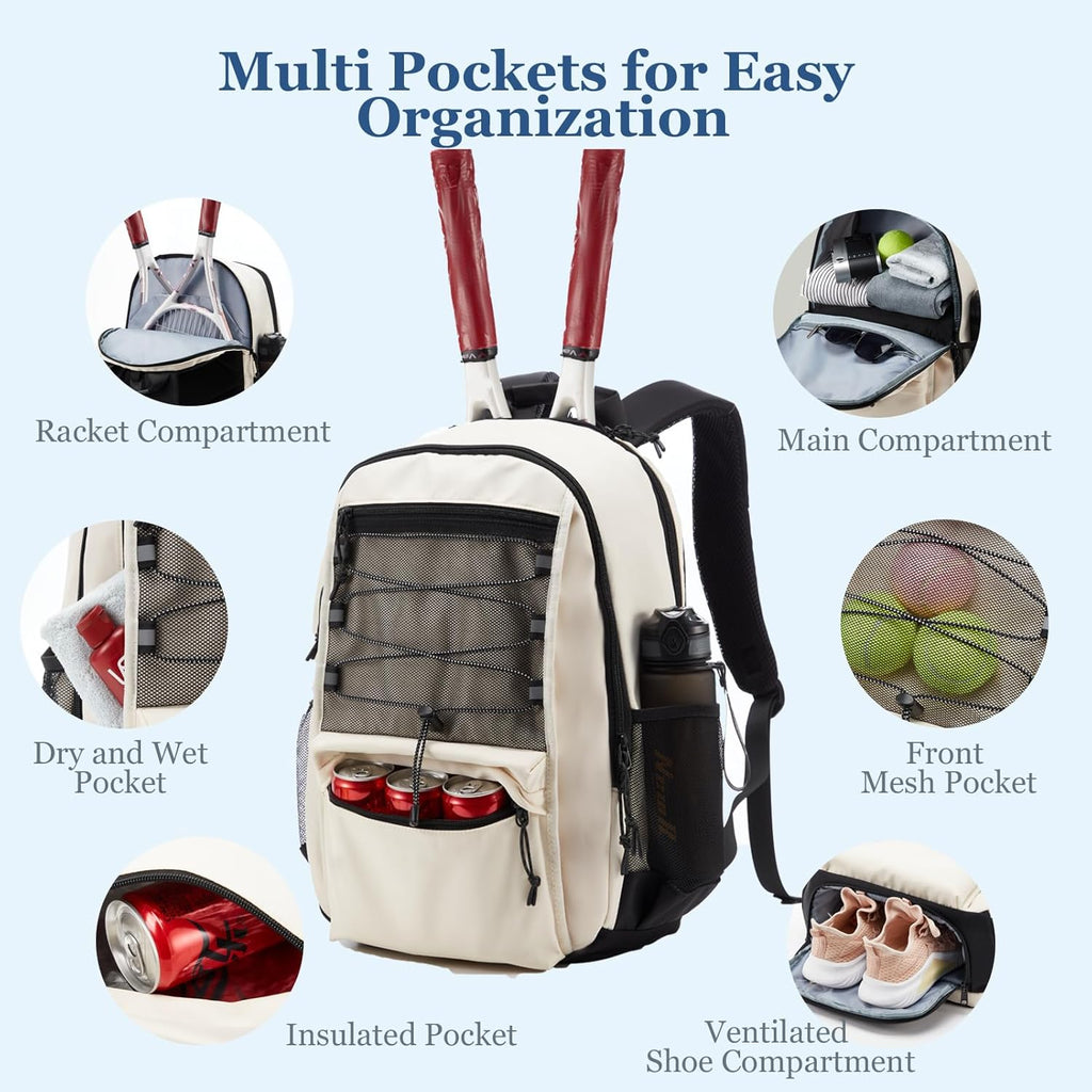 Tennis Bag, Tennis Backpack for Women Men 2 Rackets with Insulated Pocket Shoe Compartemnt for Pickleball Tennis