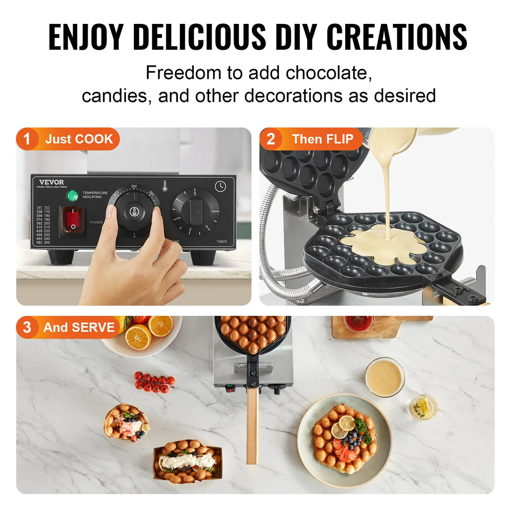 Succebuy Commercial Egg Bubble Waffle Maker 1400W Non-Stick Stainless Steel Bubble Puff W/180° Rotatable 2 Pans & Wooden Handles