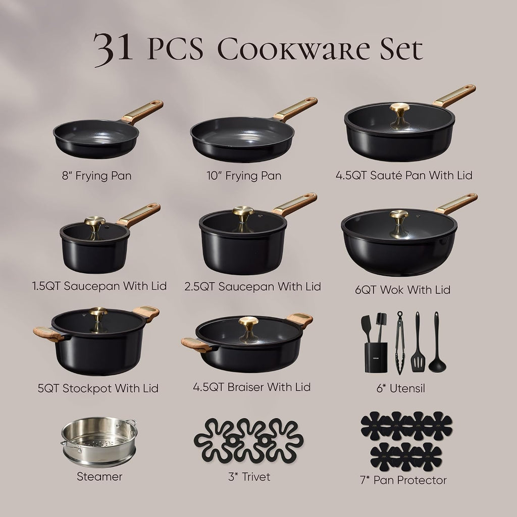 Premium Ceramic Cookware Set Nonstick, 31Pcs Pots and Pans Set Nonstick, Non-Toxic 
