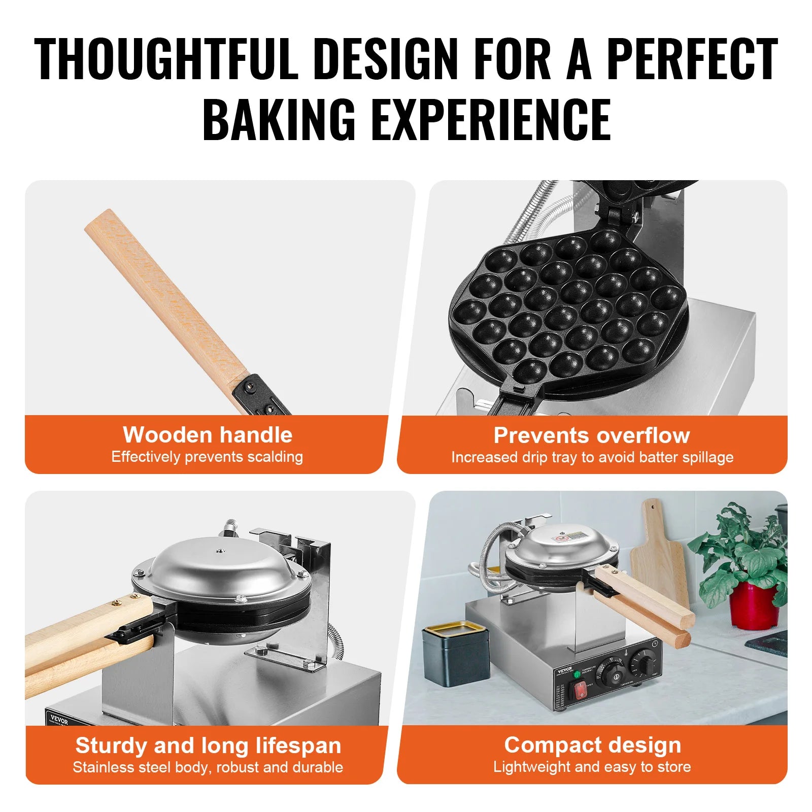 Succebuy Commercial Egg Bubble Waffle Maker 1400W Non-Stick Stainless Steel Bubble Puff W/180° Rotatable 2 Pans & Wooden Handles