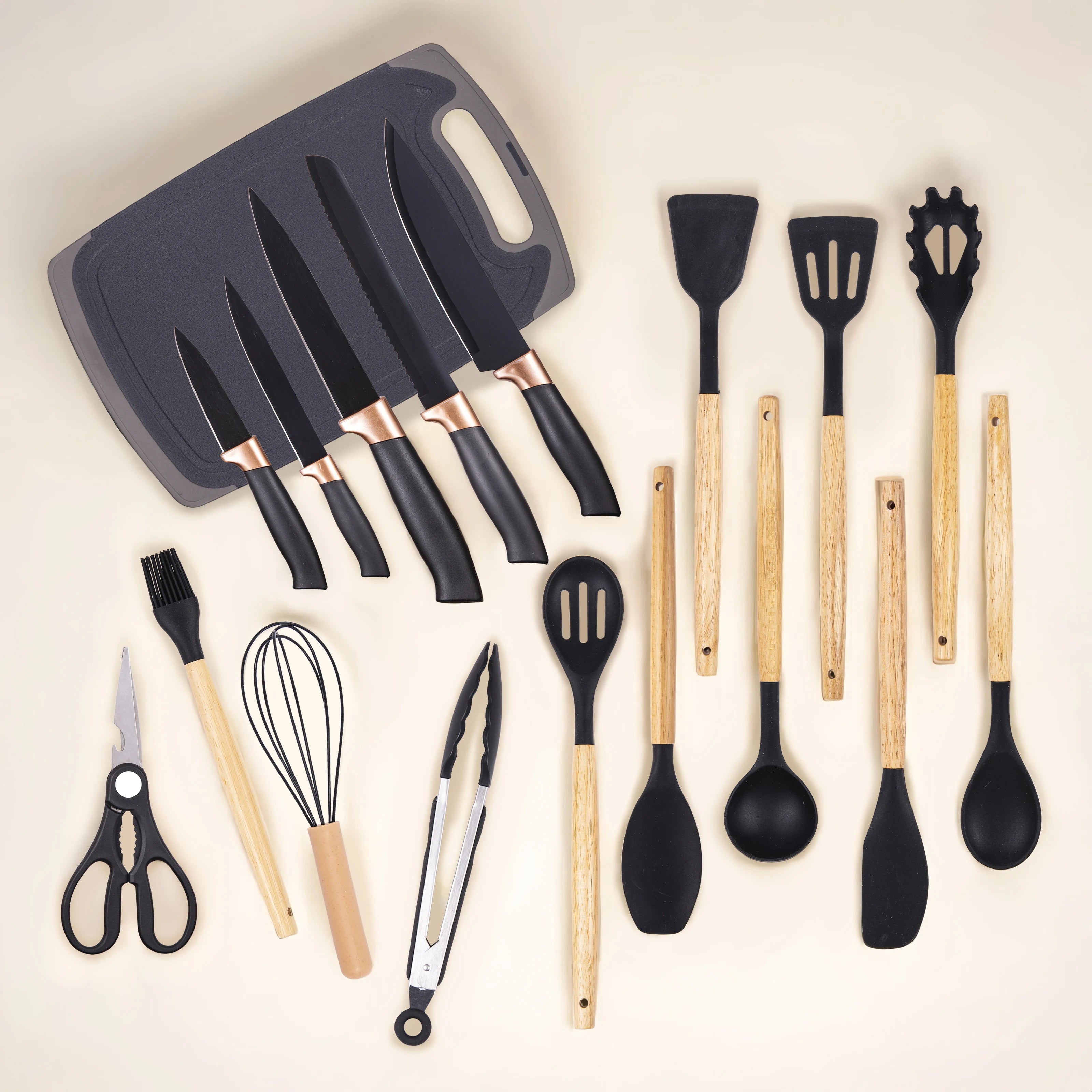 19Pcs Professional Kitchen Knife Set with Silicone Cooking Utensils & Cuttingboard, High Carbon Stainless Steel Chef Knives.