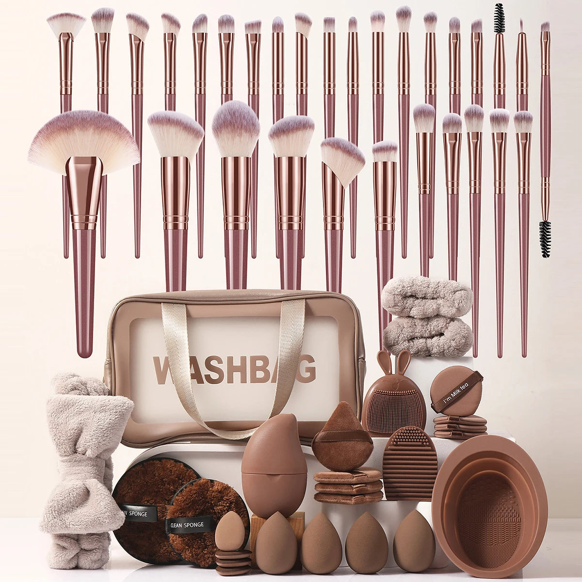 56PCS Makeup Tools:1Pc Cosmetic Bag+30Pcs Makeup Brush Set+4Pcs Makeup Sponges+14Pcs Powder Puffs+7Pcs Makeup Tools