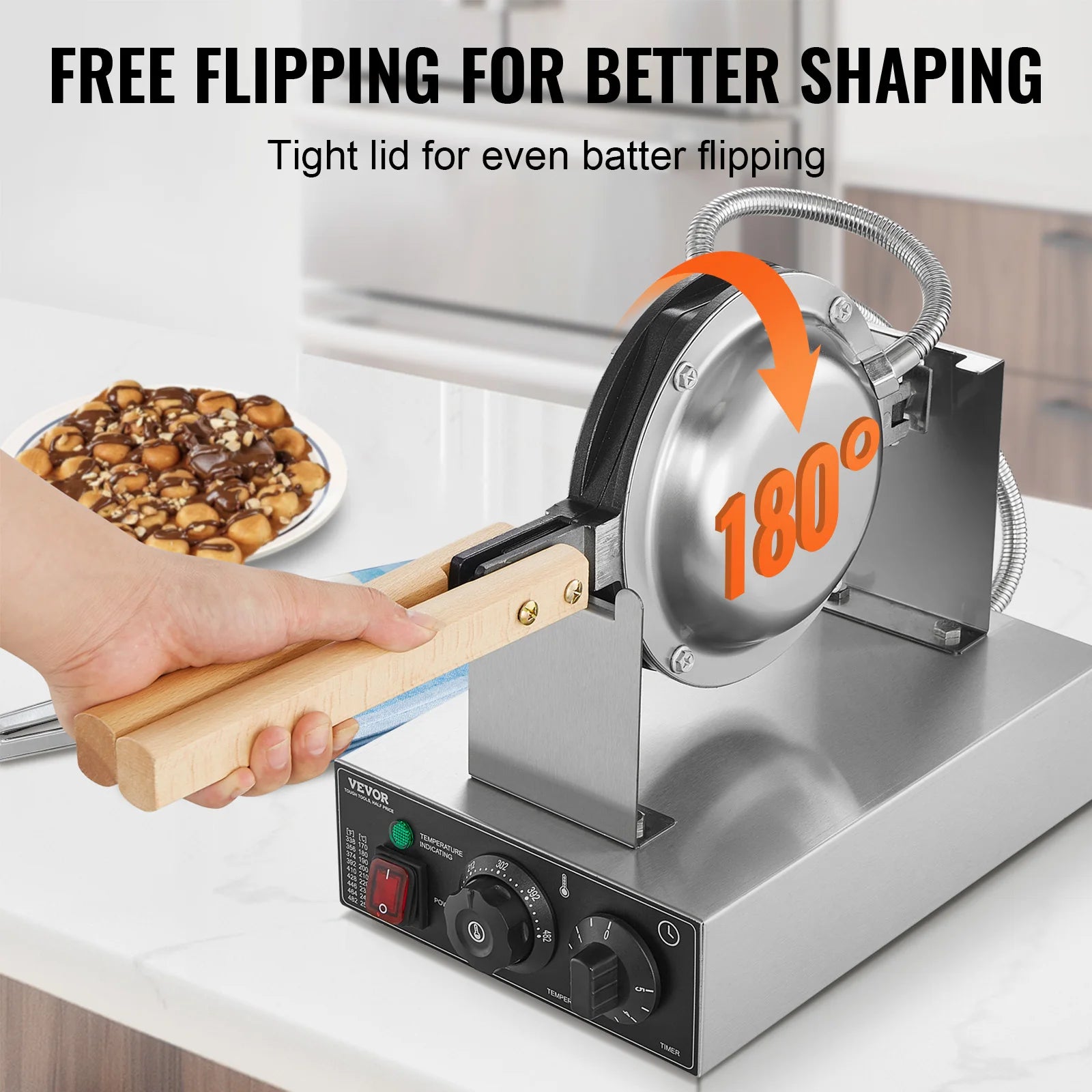 Succebuy Commercial Egg Bubble Waffle Maker 1400W Non-Stick Stainless Steel Bubble Puff W/180° Rotatable 2 Pans & Wooden Handles