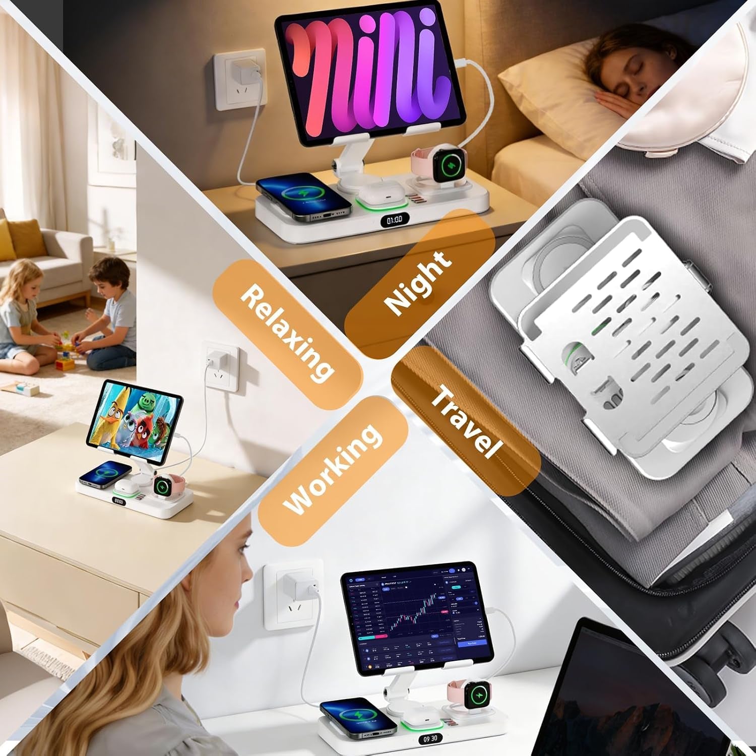 30W Charging Station for Apple Products, Foldable Wireless Charger with Clock Display&7 Color Light