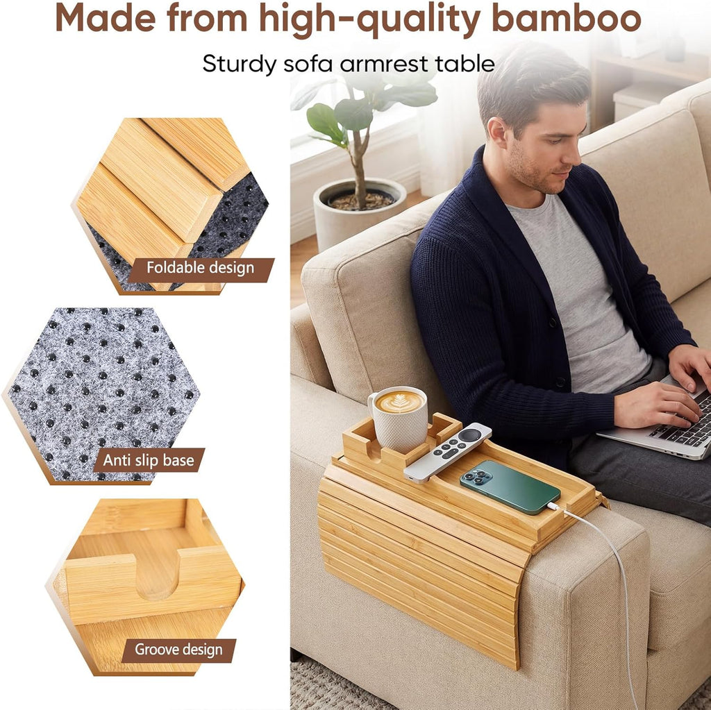 Bamboo Couch Arm Tray Table with Built-In Cup Holder