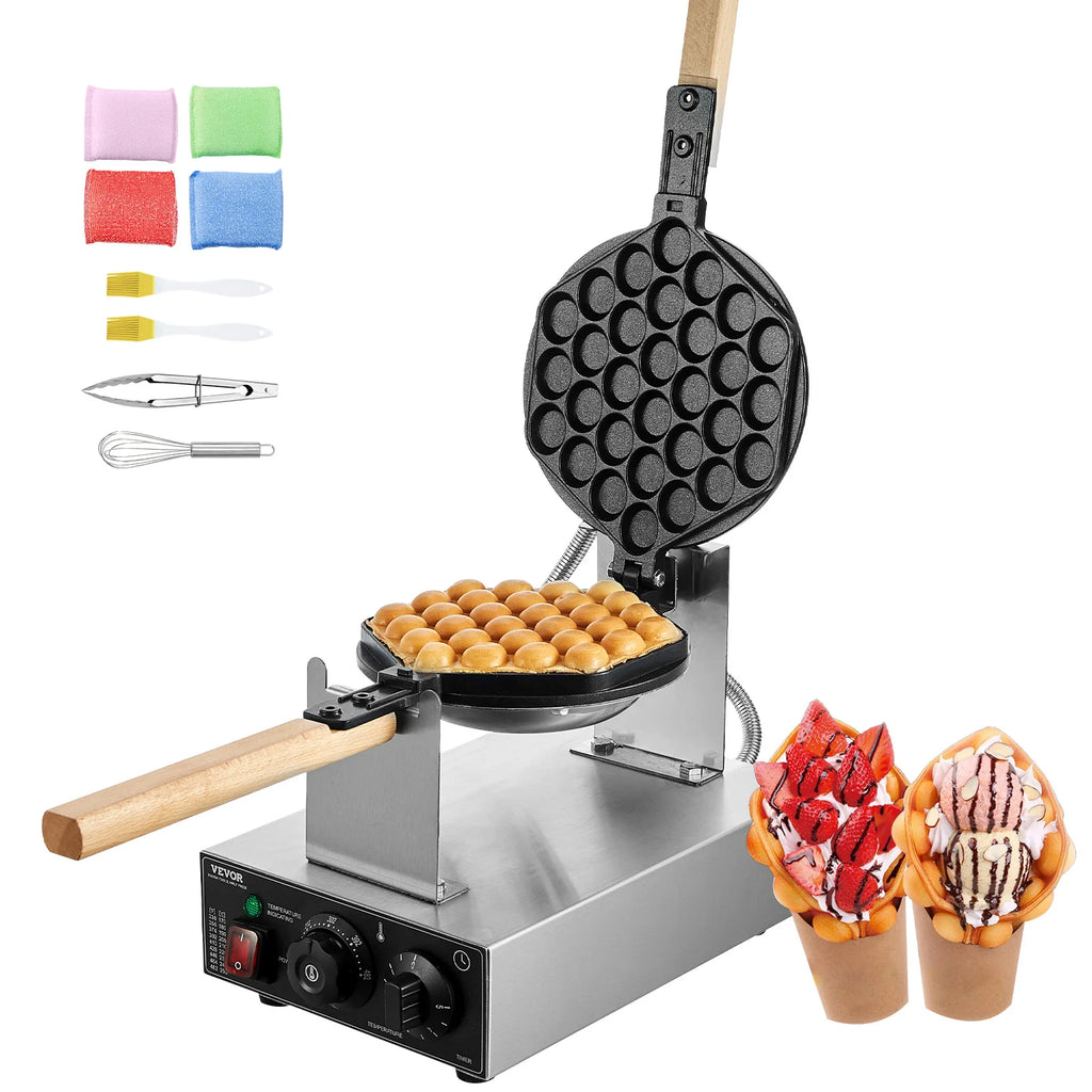 Succebuy Commercial Egg Bubble Waffle Maker 1400W Non-Stick Stainless Steel Bubble Puff W/180° Rotatable 2 Pans & Wooden Handles