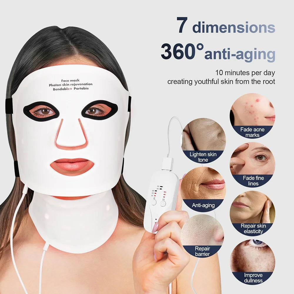 Silicone LED Mask Face with Neck 7 Colors LED Photon Red Light Infrared Therapy Flexible Facial Mask Repair Skin Wireless Use