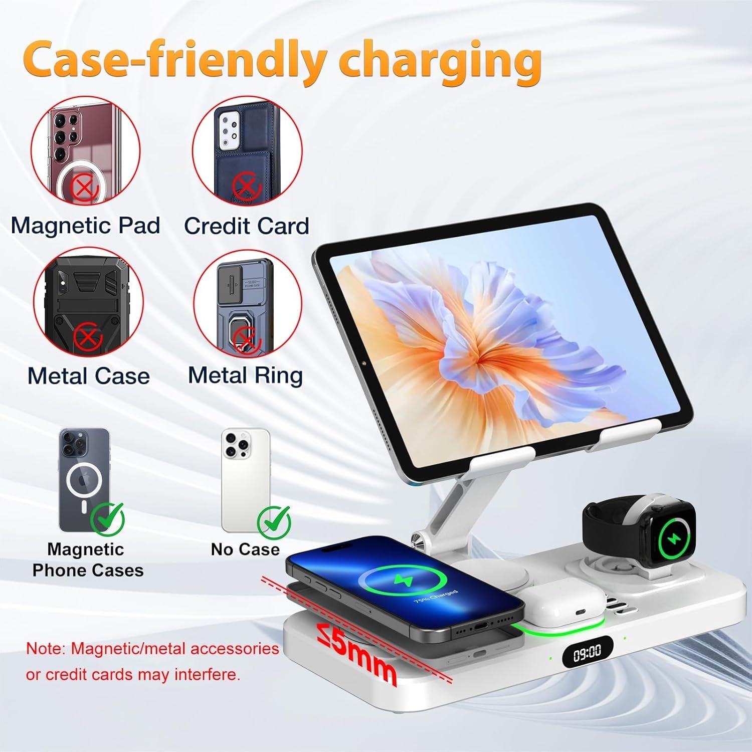 30W Charging Station for Apple Products, Foldable Wireless Charger with Clock Display&7 Color Light