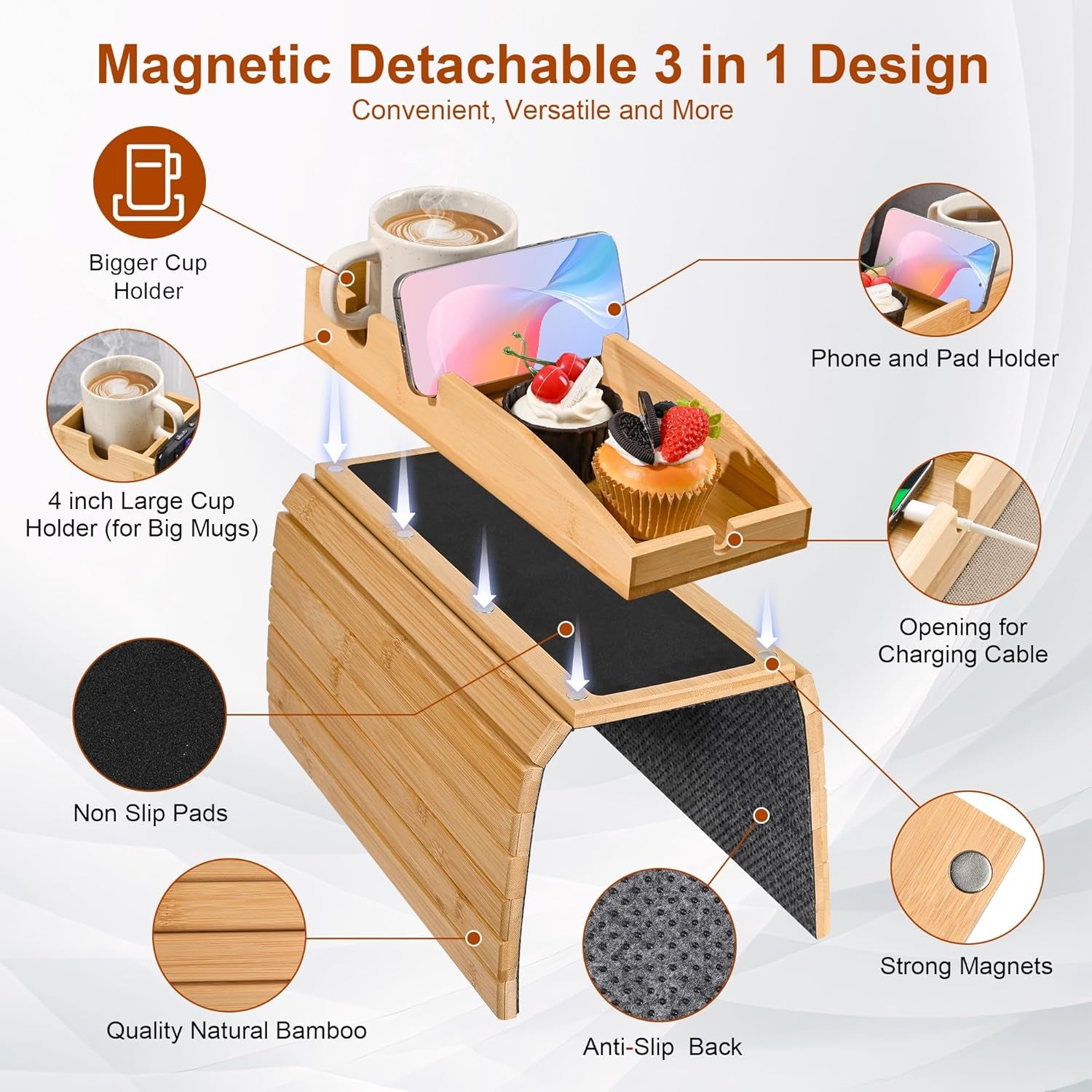 3-In-1 Magnetic Detachable Couch Arm Tray