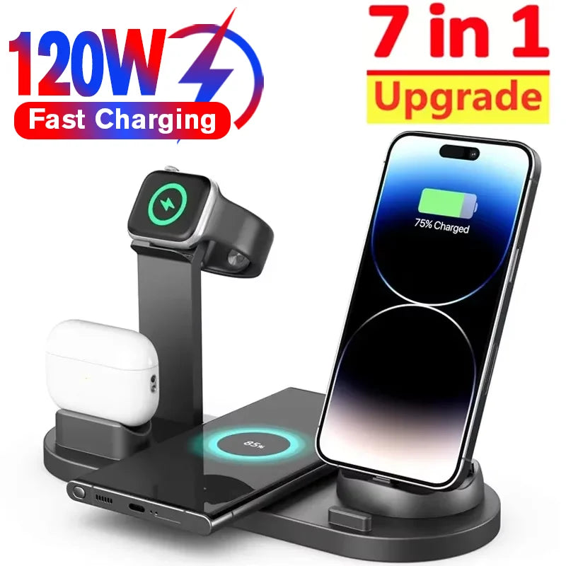 120W 7 in 1 Wireless Chargers Stand Pad for Iphone 16 15 14 13 Pro Max Apple Watch Airpods Pro Iwatch 8 7 Fast Charging Station