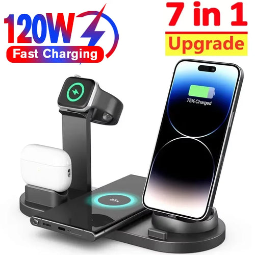 120W 7 in 1 Wireless Chargers Stand Pad for Iphone 16 15 14 13 Pro Max Apple Watch Airpods Pro Iwatch 8 7 Fast Charging Station