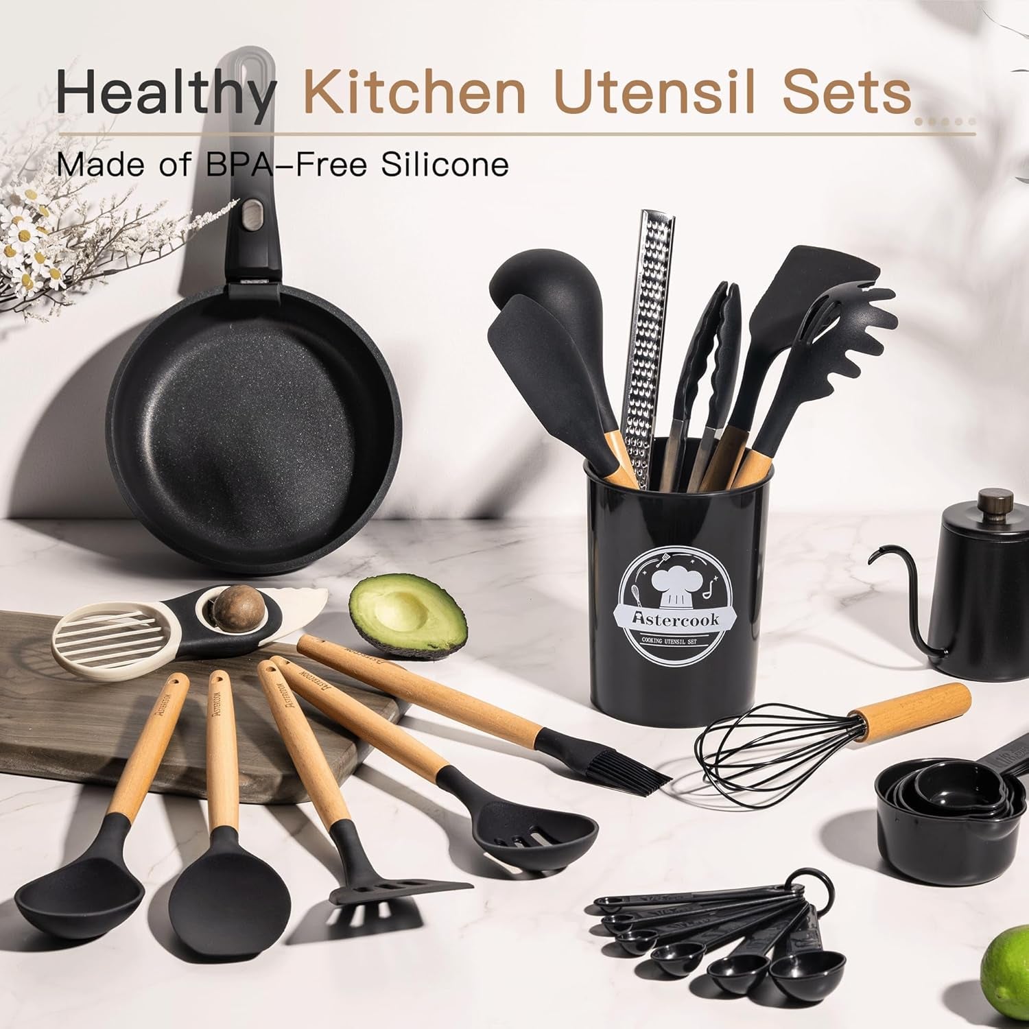 39 PCS Kitchen Utensils Set, Silicone Cooking Utensil Sets with Wooden Handle