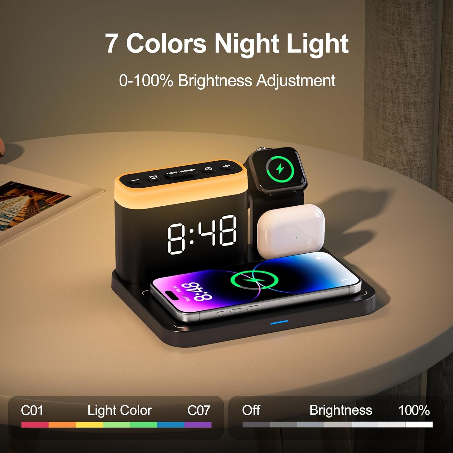 Wireless Charging Station,5 in 1 Multiple Charger Stand with Alarm Clock,7 Night Light,Magnetic Charging Dock for Iphone 17 16 15 14 13 12 Pro Max Plus,Apple Watch 11/10/9/8,For Airpods,Bedroom
