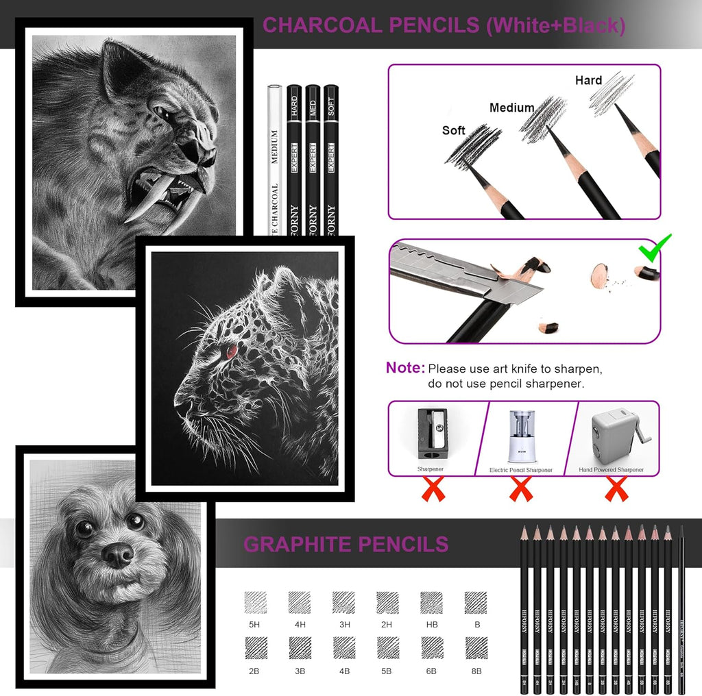 42 PCS Drawing Set, Sketching Kit with Graphite & Charcoal Pencils