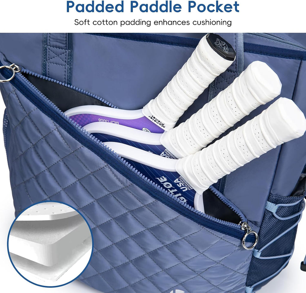 Premium Pickleball Tote Bag for Women with Fence Hook, Quilted Pickleball Bag Holds 3-4 Paddles 