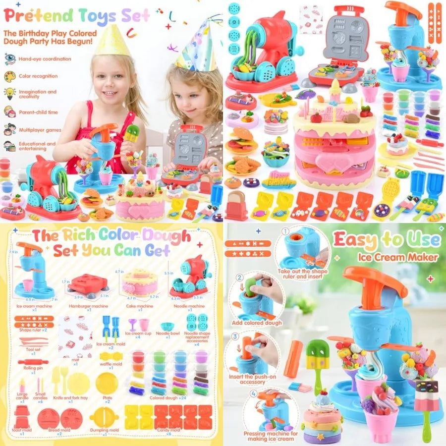 Color Dough Set Kitchen Creations with Ice Cream/Cake/Noodle/Hamburger Maker Mache, Arts Crafts Play Food Toys Tools Kit for Bo