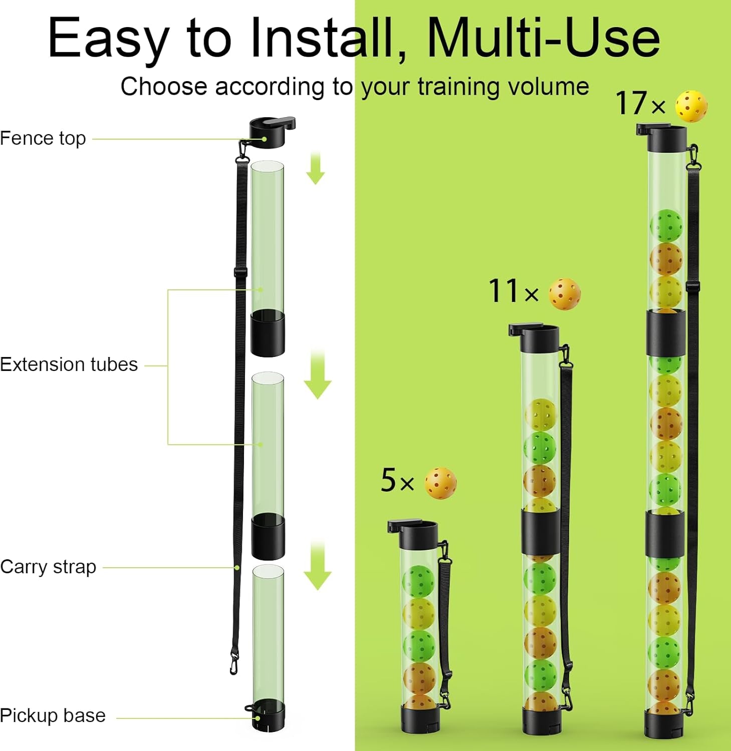 17 Balls Pickleball Ball Retriever & Ball Holder Storage with Strap