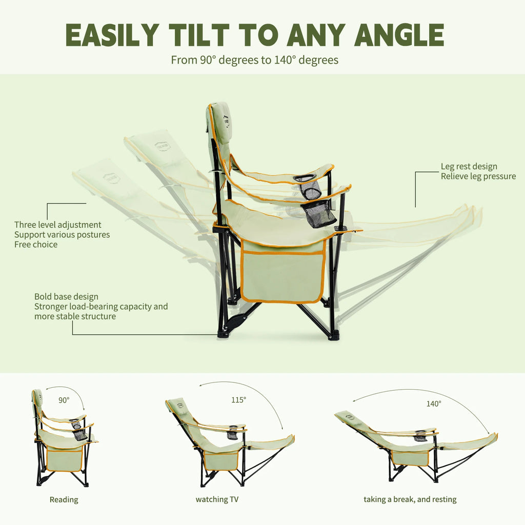 YOUNG WOOD 2-In-1 Reclining Camping Chair with Footrest, Foldable Outdoor Lounge Chair with Cup Holder & Headrest, Portable