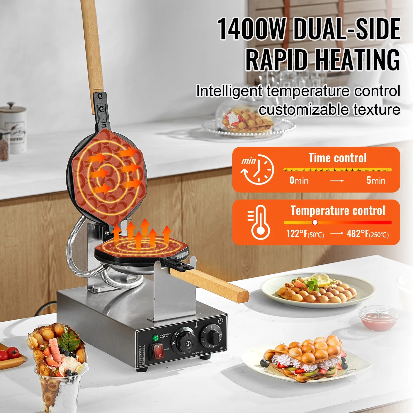 Succebuy Commercial Egg Bubble Waffle Maker 1400W Non-Stick Stainless Steel Bubble Puff W/180° Rotatable 2 Pans & Wooden Handles