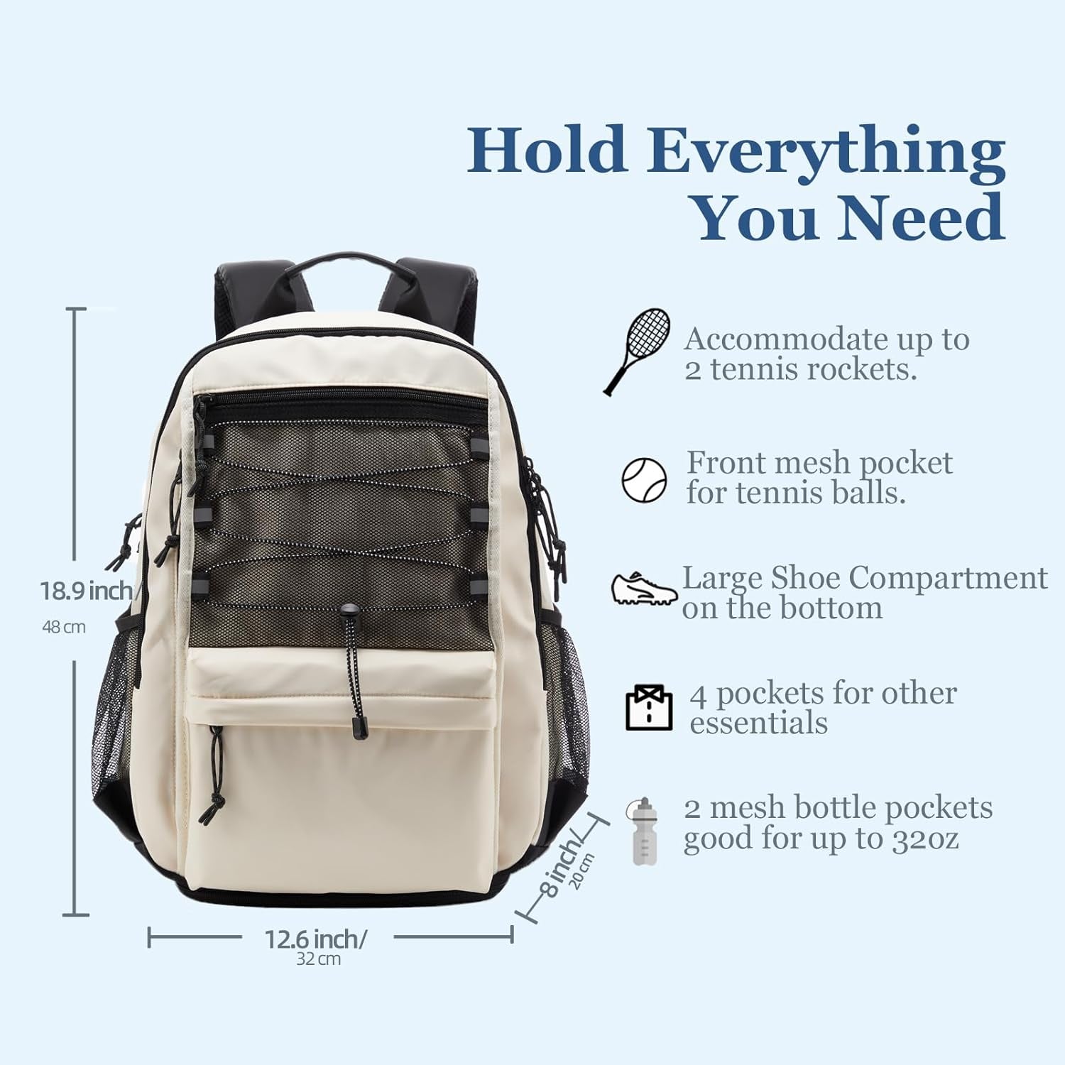 Tennis Bag, Tennis Backpack for Women Men 2 Rackets with Insulated Pocket Shoe Compartemnt for Pickleball Tennis