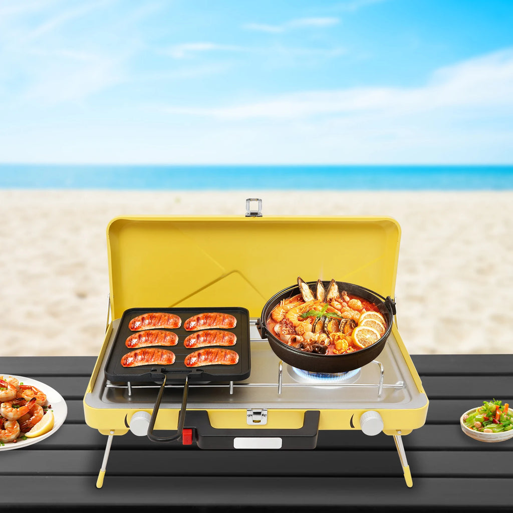 2-Burner Stainless Steel Camping Stove,Yellow/White Rectangular Portable Camping Stove Button+Knob for Outdoor Use