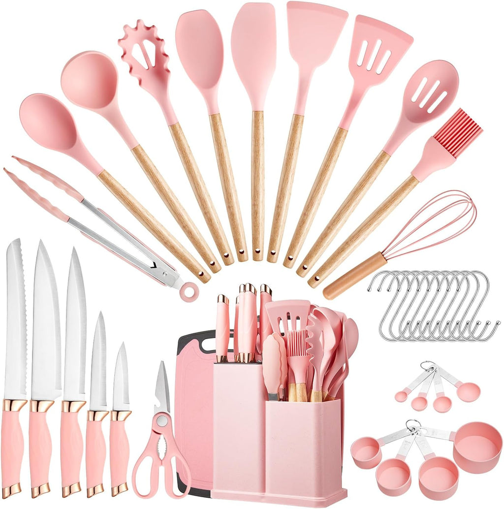 37 PCS Kitchen Utensils Set, Silicone Cooking Utensils Set with Knife Set and Holder