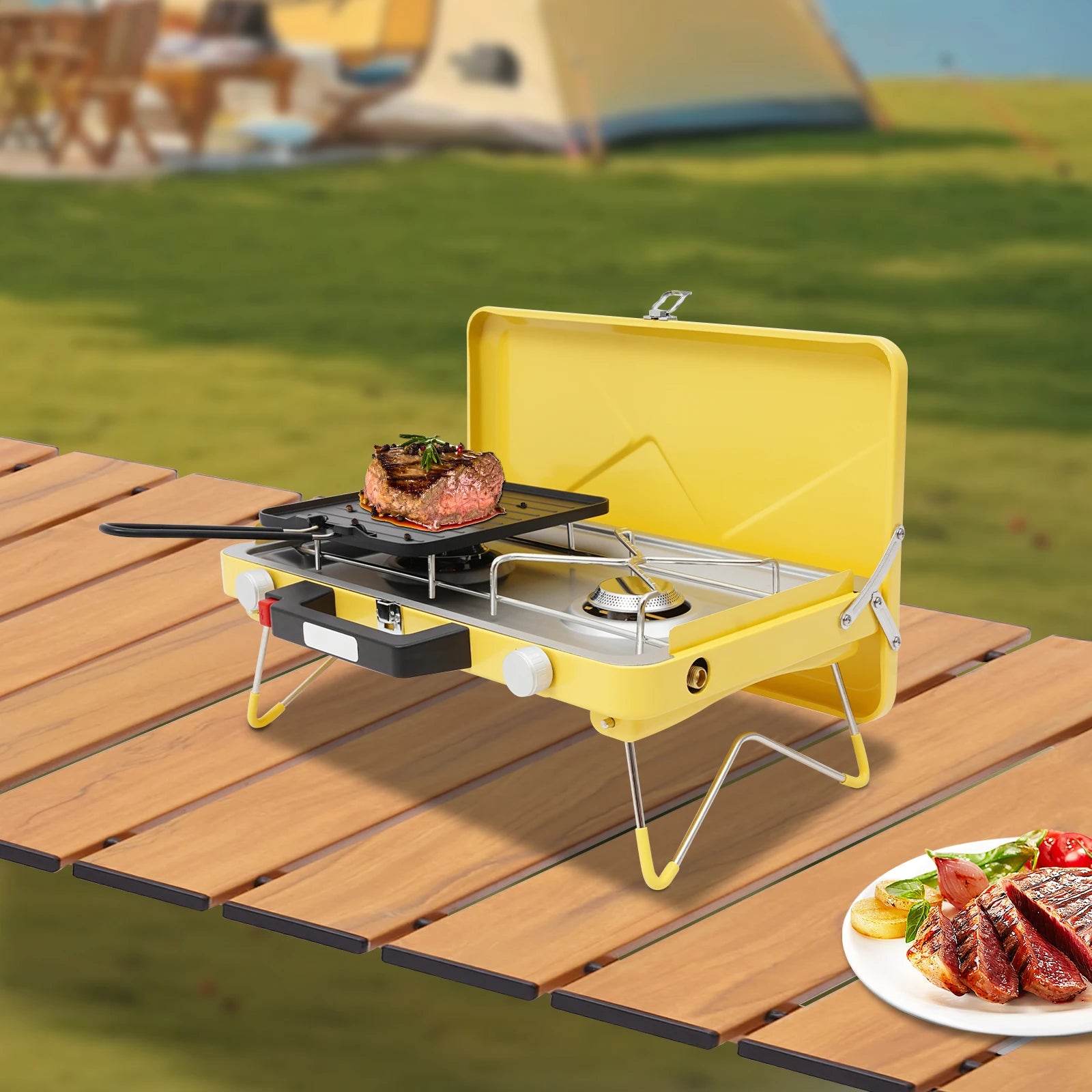 2-Burner Stainless Steel Camping Stove,Yellow/White Rectangular Portable Camping Stove Button+Knob for Outdoor Use
