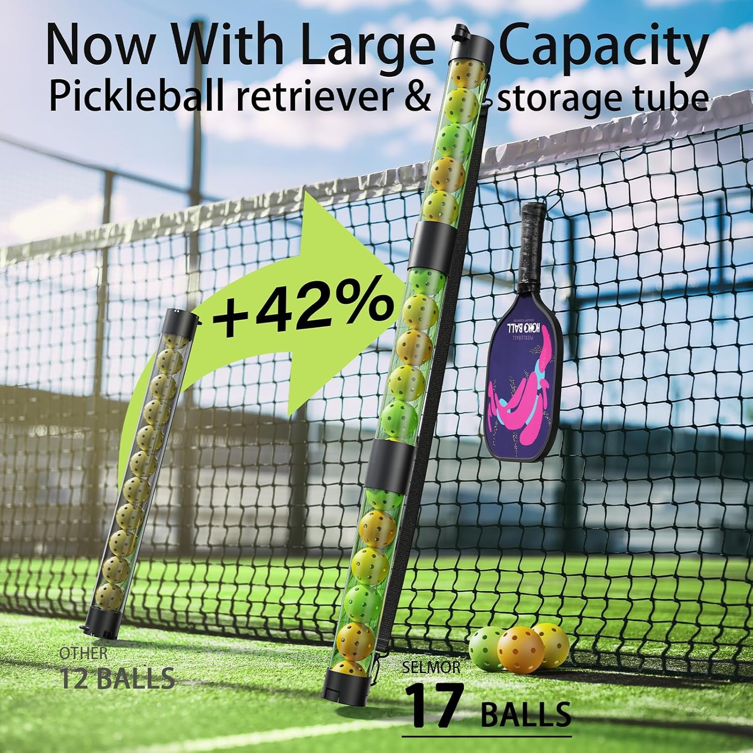 17 Balls Pickleball Ball Retriever & Ball Holder Storage with Strap