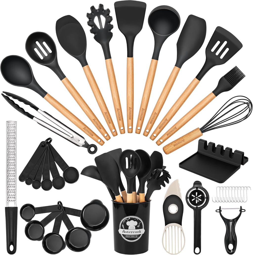 39 PCS Kitchen Utensils Set, Silicone Cooking Utensil Sets with Wooden Handle