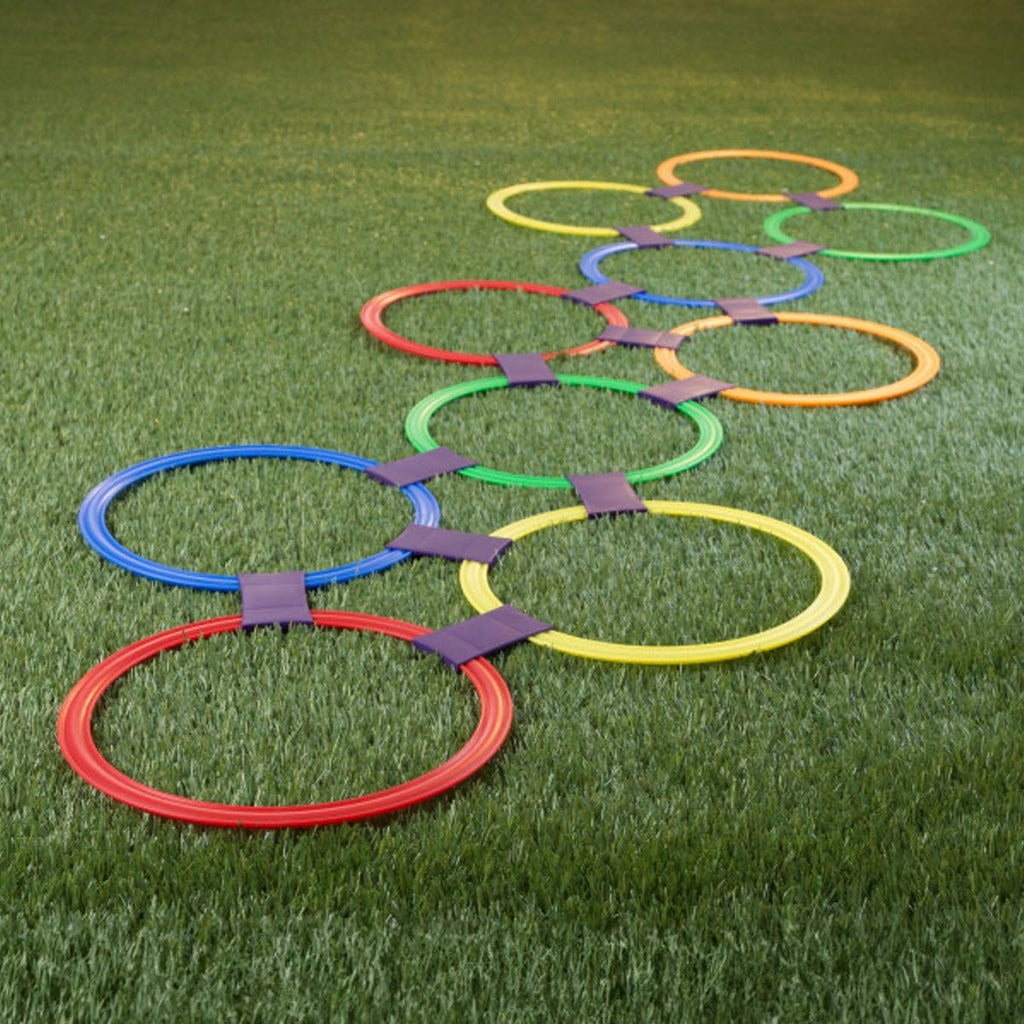 Hopscotch Rings Game - Ten 11-Inch Plastic Rings and 15 Connectors for Indoor and Outdoor Use 
