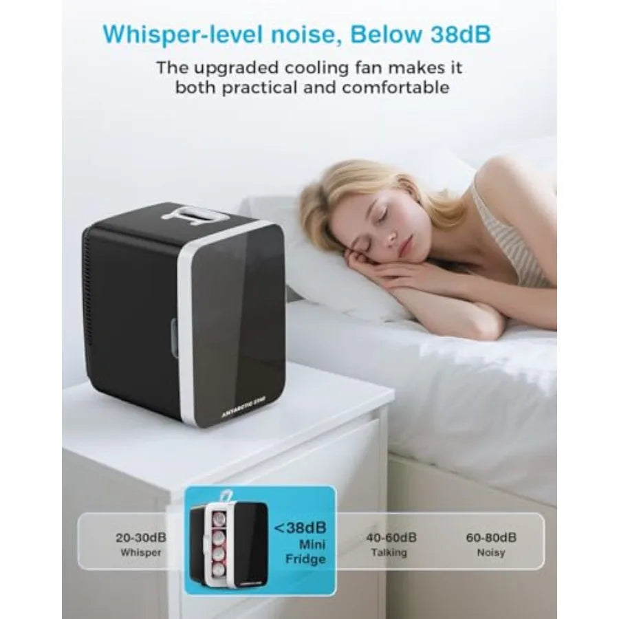 Portable 10L Mini Fridge for Bedroom, Office, Dorm: Black ABS Plastic Cosmetic Cooler with AC/DC Adapters, Ideal for Beverages,