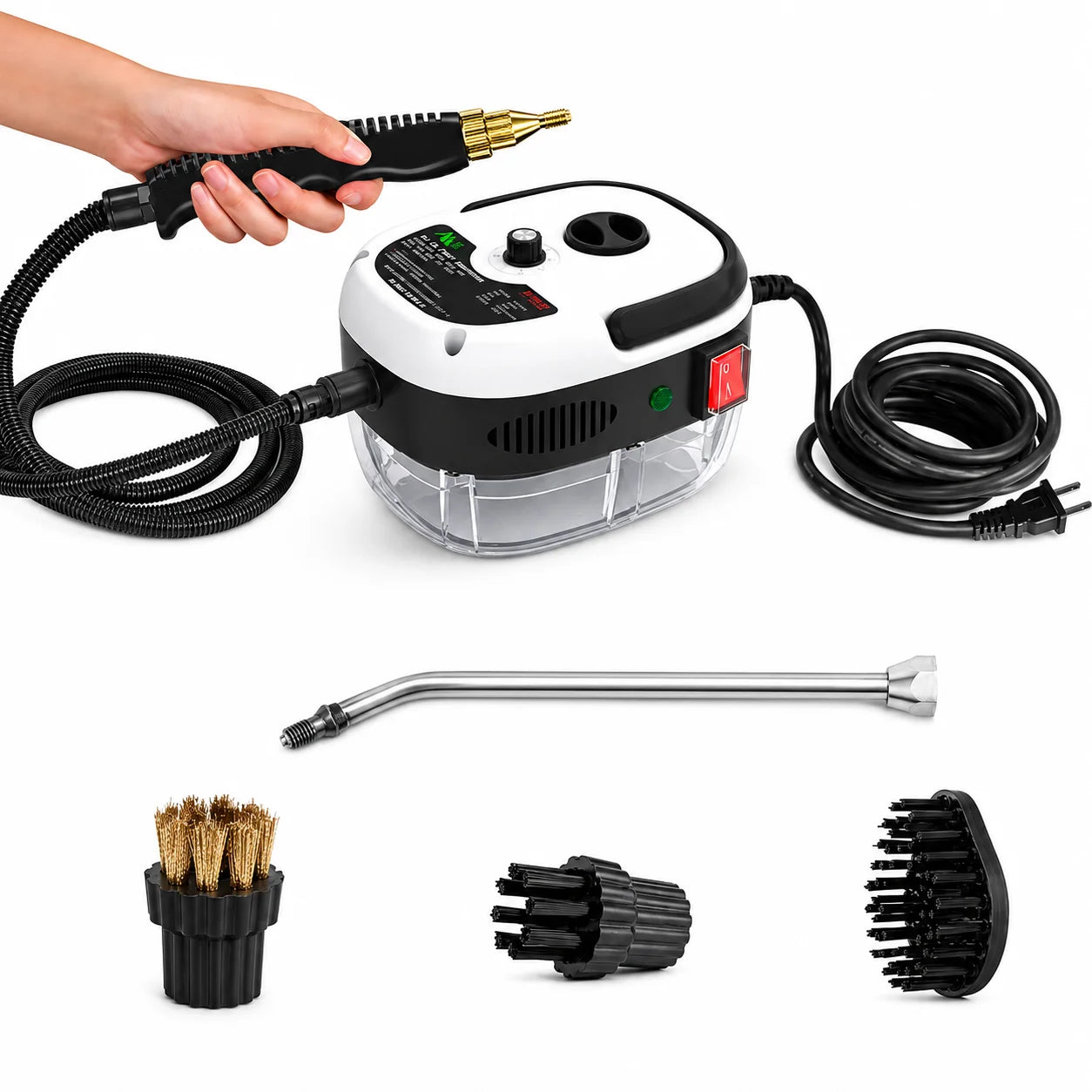 001 Small and Portable High-Pressure Red White Steam Cleaner with Brush Heads Handheld Sanitizing 6-Speed Settings Extended Hose Large Capacity Removes Grease Dust Mites for Air Conditioners Range Hoods Floors Bathrooms Cookware Tableware