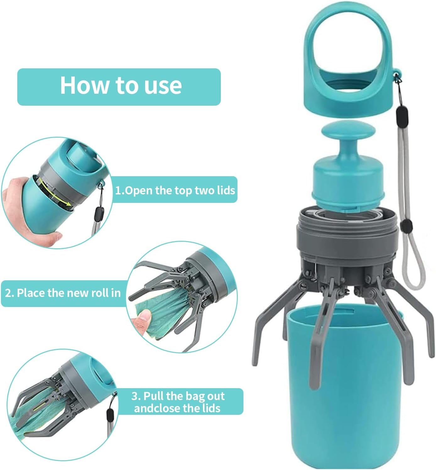 Dog Pooper Scooper, Portable No Touch Poop Scooper for Small Medium Large Dogs, Dog Waste Pick-Up Cleaner with 15PCS Bag Attachment and Leak-Proof Waste Storage Container