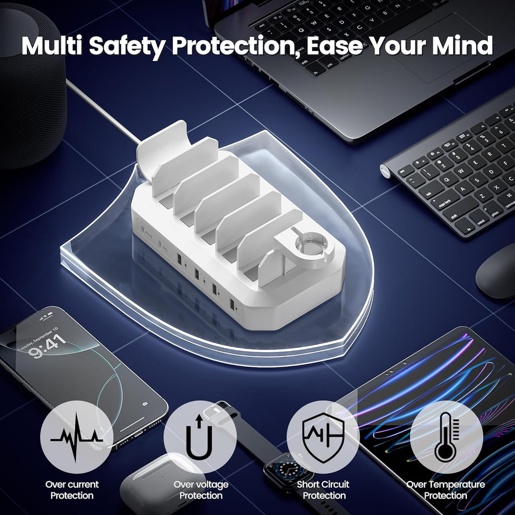 [2026 Upgrade] 190W Fast Charging Station for Multiple Devices【Certified Safer Charging】 6 Port USB Charger Station - Multi-Device Charging Dock with Phone/Macbook/Ipad/Tablet (8 Mix Cables Included)