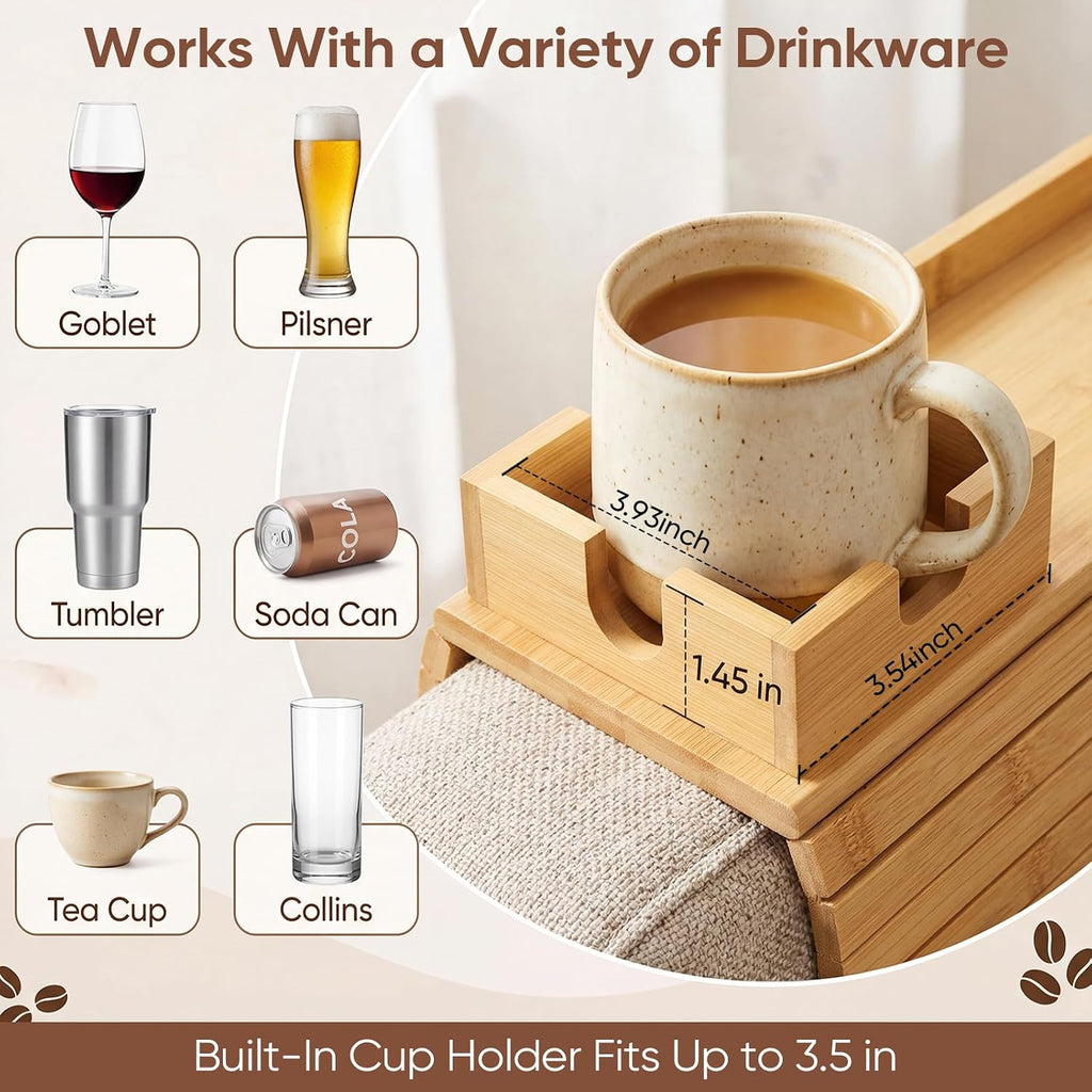 Bamboo Couch Arm Tray Table with Built-In Cup Holder